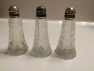 3 Vintage Mini Cut Glass Salt/pepper Shakers With Silver Plated Lids 2 3/4 " Tall