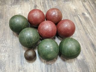 Vintage Bocce Ball Lawn Bowling Set 8 Balls & Jack Pallino Euc Green Maroon
