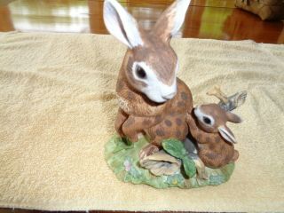 Lefton Rabbit Figurine With A Baby Rabbit Looking Up.  2148