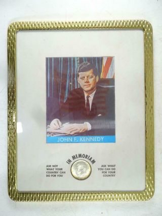 Vtg Framed 1964 John F.  Kennedy Silver Half Dollar Coin Memoriam United States