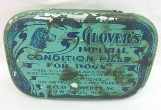 Antique Glover Dog Head Pill Tin 2 Advertising Veterinary Vintage Medicine Metal