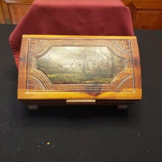 Vintage Wood Carved Jewelry Trinket Box With Cottage Scene Picture On Top 6x11 "