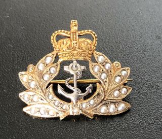 Vintage J W Benson 9ct Gold & Seed Pearl Royal Naval Crown Brooch