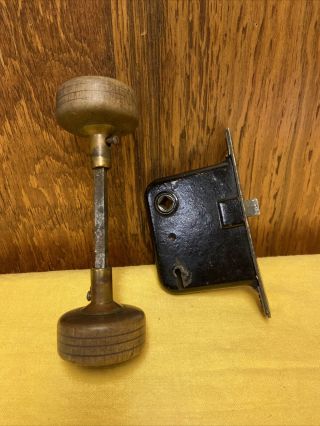 Antique Vintage Brass Skeleton Key Lock Set W/turned Wood Door Knobs No Key