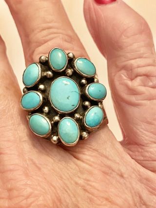 Vintage Old Pawn Turquoise Sterling Silver Cluster Ring Signed Cd Size 8.  5 1”l