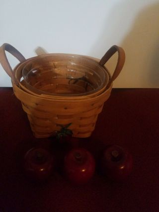 1990 Small Longaberger Basket Leather Handles Tie Ons,  Protector & 3 Apples