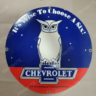 Chevrolet Wise Owl Vintage Porcelain Sign 30 Inches Round