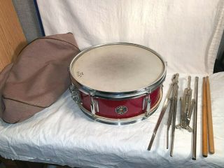 Vintage 1950s Kent 14 X 5 Snare Drum Metallic Sparkle Red,  Sticks Stand & Case