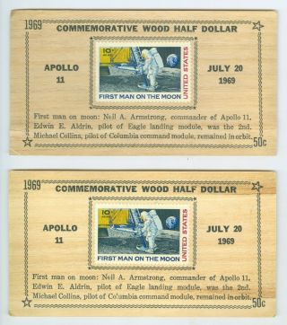 2 July 20,  1969 Apollo 11 Moon Landing Commemorative Wooden Half Dollars