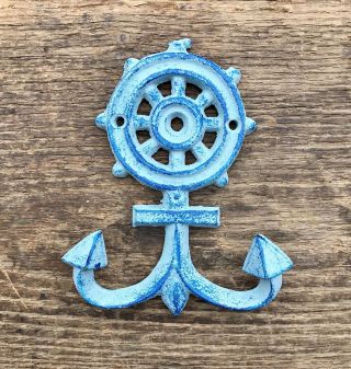 Cast Iron Nautical Ship’s Wheel & Anchor Aqua Blue Wall Hook