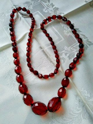 Vintage Art Deco Red Cherry Amber Bakelite Faceted Bead Necklace 31 "