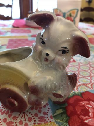 Vintage Pottery Dog With Cart Planter Spring Easter 5” Yellow Pink Puppy Fluffy