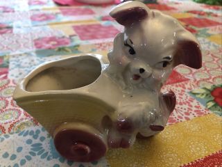 Vintage Pottery Dog With Cart Planter Spring Easter 5” Yellow Pink Puppy Fluffy 2