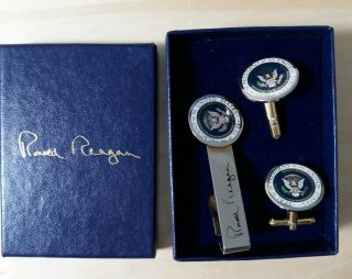 President Ronald Reagan Signed Full Color Series Cufflinks And Tie Bar