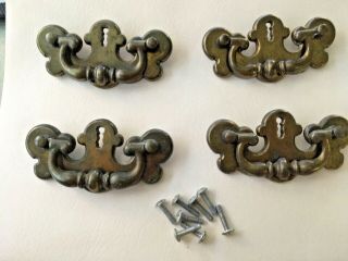 Set Of 4 Vintage Antique Brass Drawer Pulls Handles Keyhole