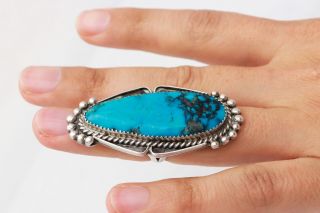 Vintage R Signed Native American Sterling Silver Large Turquoise Ring Size 5.  25