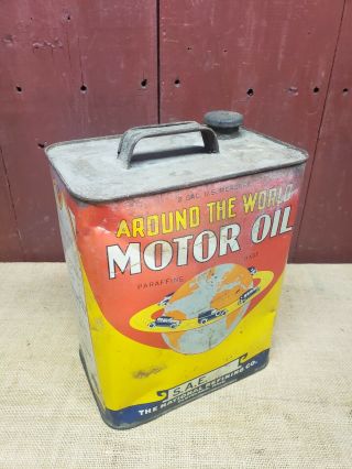 Vintage Around The World Motor Oil 2 Two Gallon Can Rare En Ar Co Cleveland Ohio