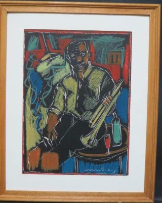 Jazz Age Paris France Vintage Portrait Trumpet Player Signed African American