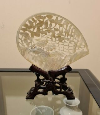 Vintage Oriental Chinese Hand Carved Mother Of Pearl Shell W/ Stand
