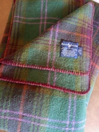 Ralph Lauren Tartan Plaid Wool Blanket 90 X 90 Usa Green Plum