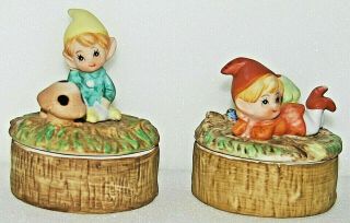 (2) Porcelain Trinket Box Laying Elf Gnome Pixie & Mushroom ‘70s Homco 5404