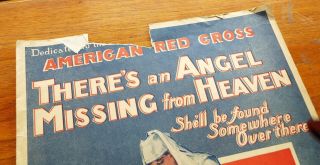 RARE Old AMERICAN RED CROSS There ' s An Angel Missing from Heaven SHEET MUSIC WWI 3