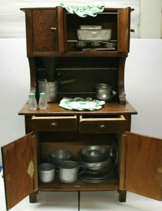 Vintage Hand Made Childs Wooden Kitchen Hoosier Like Toy Cabinet