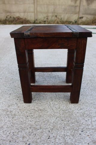 Small Vintage Wooden Side Table Plant Stand Stool Chair Metal Strips 694