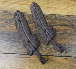 (2) Brown 6 3/4 " Rustic Cast Iron Feather Design Wall Hook Coat Hat Towel Hook