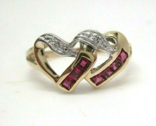 Vintage Interlocking Diamond And Ruby Heart Ring 10k Gold Heart Shaped