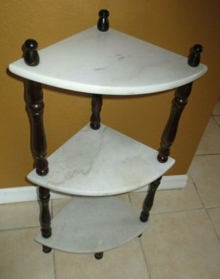 Vintage Marble Top & Wood Spindle 3 - Tiered Corner Table Stand