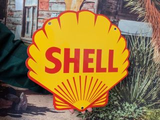 Large Old Vintage Shell Gasoline & Oil Porcelain Enamel Gas Station Pump Sign