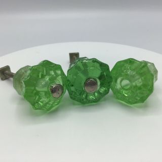 Set Of 3 Vintage Green Depression Glass Drawer Cabinet Knobs Pulls 2 W.  Screws