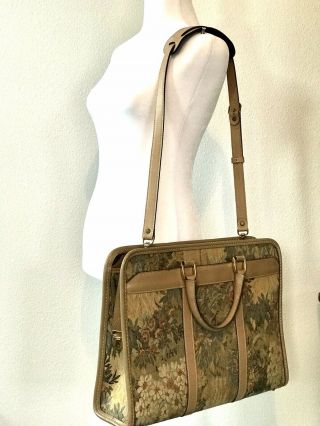 Rare Vintage French Luggage Co Floral Tapestry & Leather Briefcase Attache 