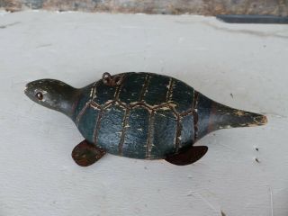 Vintage Turtle Fish Decoy Wood Glass Eyes Tin Feet Lead Weight