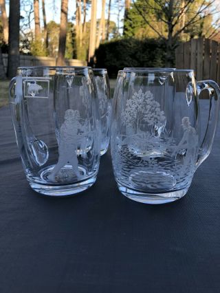 Set Of 4 Vintage Heisey Glass Whaley Etched Sportsman Fishing Fox Hunting Mugs