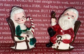 Mr.  & Mrs Santa Claus Porcelain Salt & Pepper Shakers - Sitting In Rockingchairs