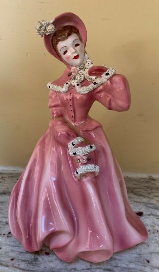 Vintage Florence Ceramics Sue Figurine Pink Dress Gold Muff & Bonnet