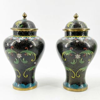 Vintage Pair Chinese Cloisonne Covered Urns Lidded Jars Black Brass Enamel 7 "