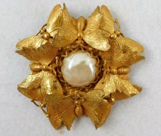 Vintage Signed Miriam Haskell Gold Gilt Pearl Butterflies Pin Brooch