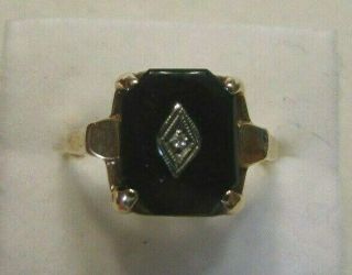 Antique Vintage Art Deco 10k Yellow Gold Onyx W/diamond Ring Sz 6