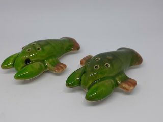 Vintage Ceramic Miniature Green Lobsters Salt And Pepper Shakers 2.  75 Inches