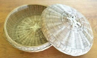 Antique Tight Weave Grass Sewing Basket With Cover;
