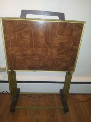 Set Of 4 Vintage Faux Wood Tv Tray Tables - Brass Colored Legs & Stand