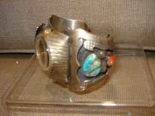 Vintage Southwestern Native American Turquoise Coral Sterling Silver Bracelet