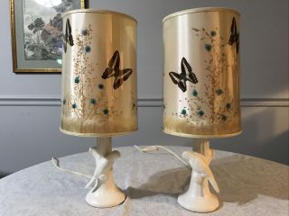 Vintage Van Briggle Pottery Lamps With Butterfly Shades Bird Work