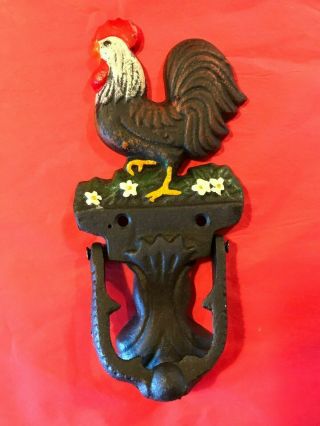 Cast Iron Rustic Rooster Door Knocker Black With Painted Details Chicken Farm