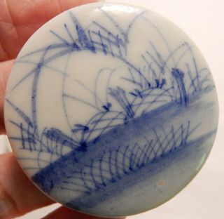 Vintage Ceramic Blue & White Round Trinket Box With Hand Painted Lid Face Cream