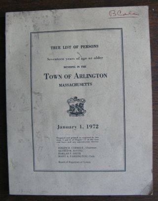 Town Of Arlington Ma 1972 Registered Voters By Precinct - Soft Cover Book