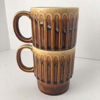 Two Vintage Stacking Ceramic Coffee Cups Mugs Brown Drip Glaze Made In Japan